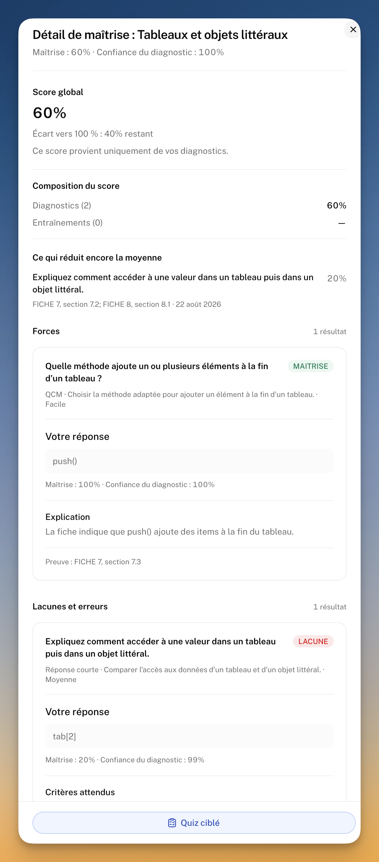Détail de maîtrise de la notion Tableaux et objets littéraux montrant le score, les réponses du diagnostic et l’action Quiz ciblé.
